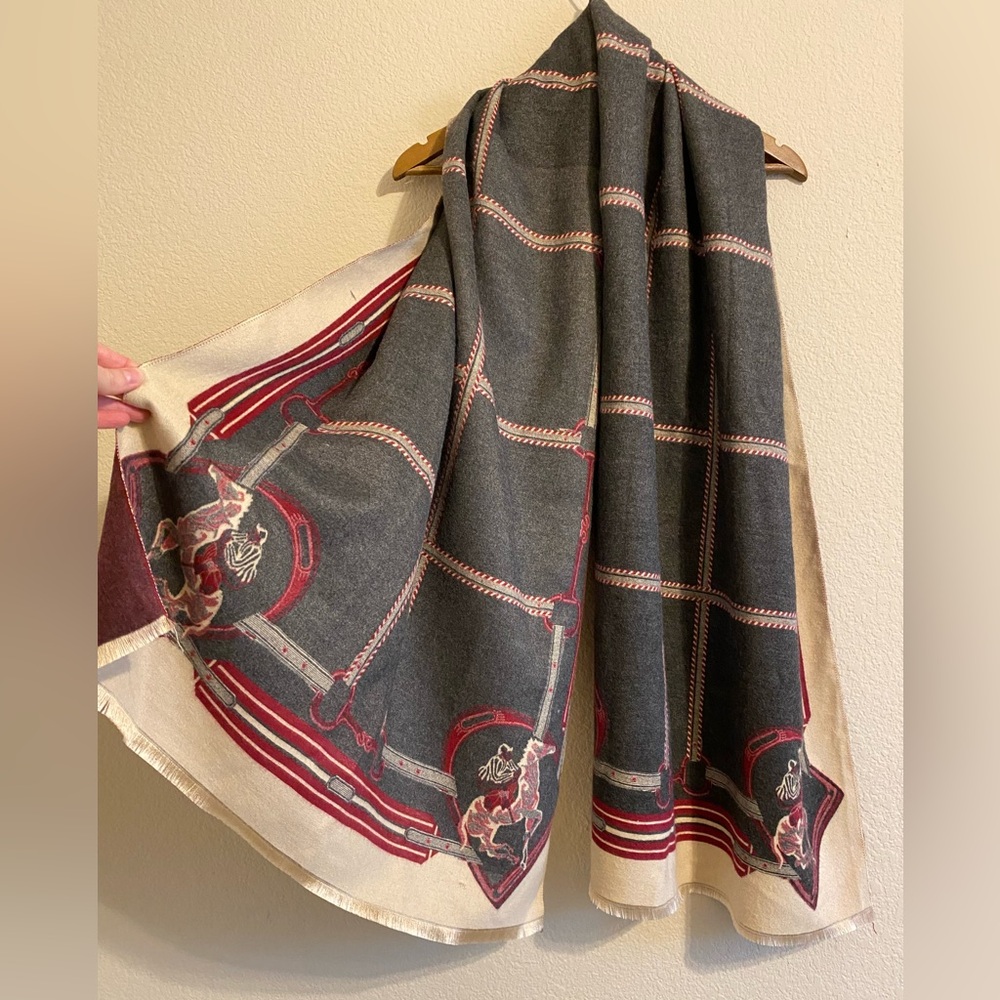Equestrian Shawl Wool Blend Lux Wrap Scarf Horse Jockey Pattern Gray Red